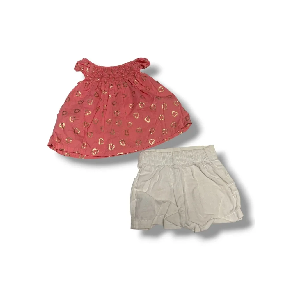 Penelope Mack Baby Girl 18M‎ Pink Gold Heart Smocked Top and White Shorts Set